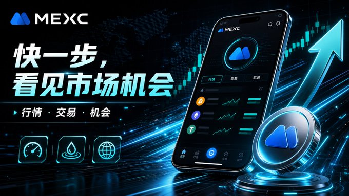 A promotional advertisement for MEXC cryptocurrency exchange in Chinese, featuring a smartphone displaying the app interface alongside an upward arrow and glowing blue accents.