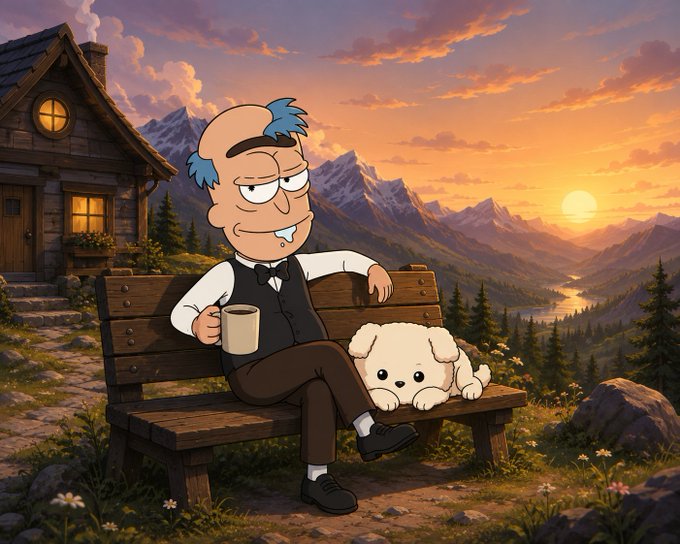 An animated elderly cartoon character wearing glasses, sitting on a bench holding a coffee mug with a small white puppy beside him, set against a sunset mountain landscape.