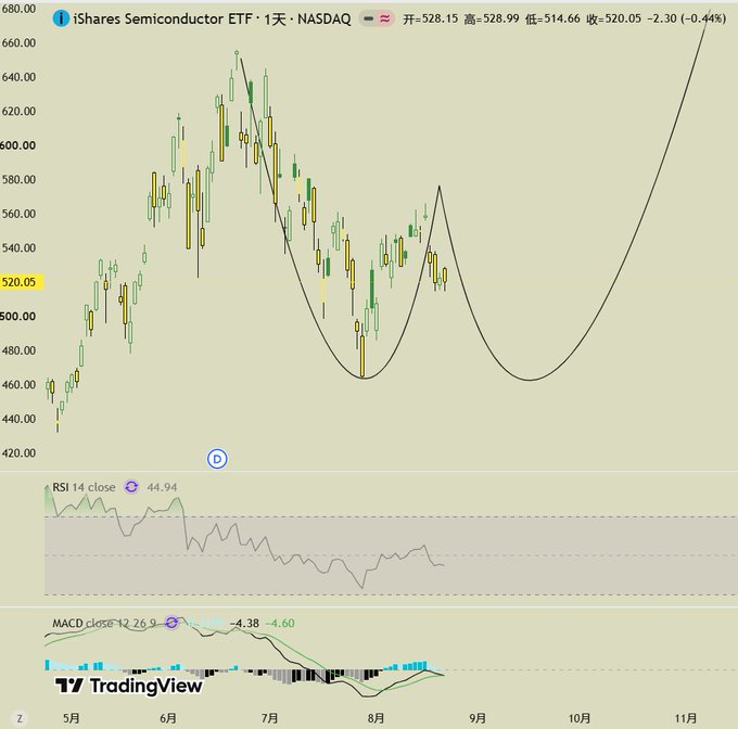 A TradingView chart of the iShares Semiconductor ETF (SOXX) on NASDAQ showing a daily candlestick view with RSI and MACD indicators, featuring a hand-drawn black trendline projecting a 'W' pattern.
