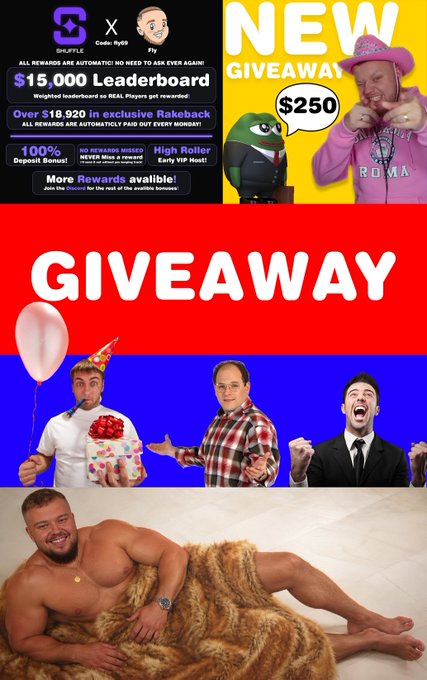 A vibrant collage promoting a $250 GIVEAWAY featuring images of influencer "Fly," the Shuffle platform's branding ("x Shuffle x Code: fly69 x Fly"), and a Kermit the Frog in a suit, alongside text highlighting "$15,000 Leaderboard," "Over $18,920 in exclusive Rakeback," "100% Deposit Bonus," and a "High Roller Early VIP Host." The visuals—ranging from Fly posing with a birthday cake to him reclining in a fur rug—complement the post announcing five $250 winners chosen via Shuffle, with participants needing to retweet, follow, and comment to enter.