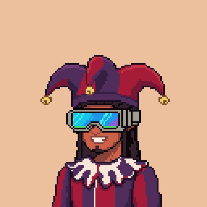 A pixel art portrait of a smiling jester character wearing a purple and maroon horned hat with golden bells, futuristic blue reflective goggles, and a ruffled collar. The image likely represents the "RobinosNFT" project mentioned in the giveaway post, possibly serving as the collection's mascot or profile artwork to promote the 15 guaranteed mint spots collaboration with DIPURIOLIVE.
