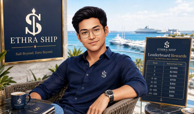 A promotional image for 'ETHRA SHIP' featuring a young man in a blue shirt at a marina, alongside a 'Leaderboard Rewards' tier list and the slogan 'Sail Beyond. Earn Beyond.'
