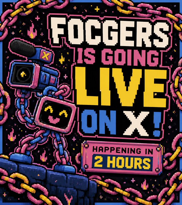 The image features a poster for a video game called "Foggers Is Going Live! Live On X!". The poster includes a cartoon character, possibly a robot or a doll, holding a camera with a microphone attached to its back. The text on the poster reads "Foggers is going live! Live On X!", and it also mentions that there are two hours left for the game to start. 

The poster encourages people to play the game by highlighting the upcoming event in the form of a cartoon character holding a camera with a microphone, symbolizing the live gaming experience. The text "LIVE ON X!" emphasizes the importance of participating and enjoying the game within the given time frame.