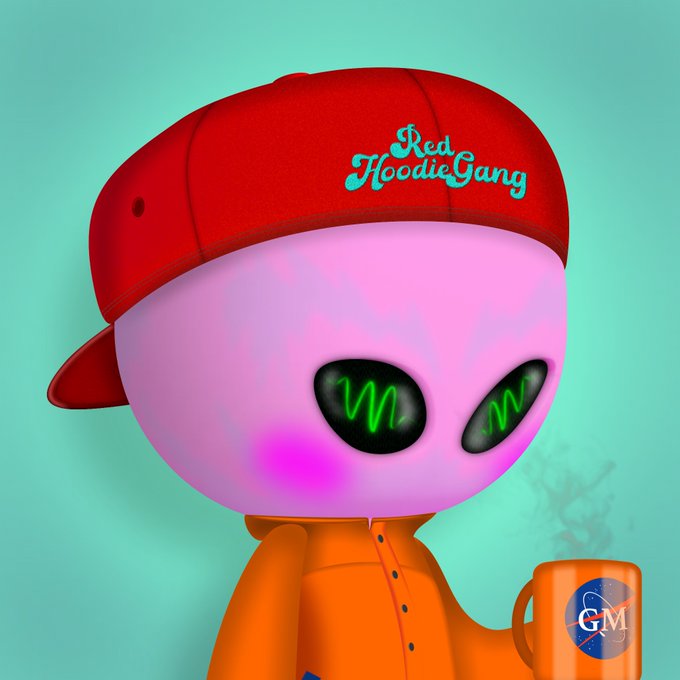 A 3D-rendered alien character with pink skin, green glowing eyes, and a red cap labeled 'Red Hoodie Gang' wearing an orange hoodie while holding a coffee mug, with a GM watermark in the corner.