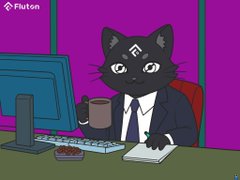 An animated black cat character wearing a suit and tie sits at a desk holding a coffee mug, with a computer monitor in front of them and a 'Flufton' logo in the corner.