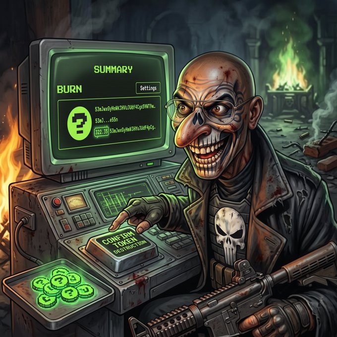 A dark, stylized illustration of a menacing skull-faced figure with a large grin wearing a Punisher shirt and holding a rifle, operating a computer terminal showing a 'BURN' summary with a 'CONFIRM TOKEN DESTRUCTION' button.