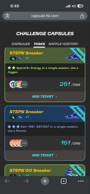 The image shows a cell phone screen displaying a list of items, including "Stepn" and "Go Sneaker", possibly related to a challenge or competition. The text also mentions that there are "Challenge Capsules" available for purchase on the website "capsulefl.com".
