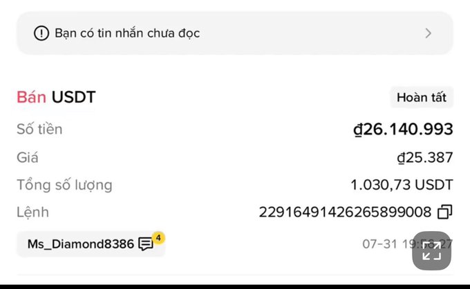 A Vietnamese cryptocurrency transaction receipt shows the sale of USDT for ₫26,140,993 at a price of ₫25.387, totaling 1,030.73 USDT, marked as 'Hoàn tất' (Completed).