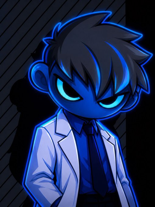 A chibi-style blue-toned character with glowing cyan eyes and messy dark hair wears a white lab coat over a dark shirt and tie, standing against a black diagonal-striped background. The moody, shadowed artwork complements the post's tone of resilience and quiet frustration, reflecting the speaker's commitment to supporting TheGodPull by betty_nft on OpenSea despite missing the community allocation.