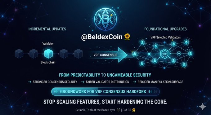 A promotional graphic for '@BeldexCoin' describes a transition from 'INCREMENTAL UPDATES' to 'FOUNDATIONAL UPGRADES' using VRF consensus for 'STRONGER CONSENSUS SECURITY'.