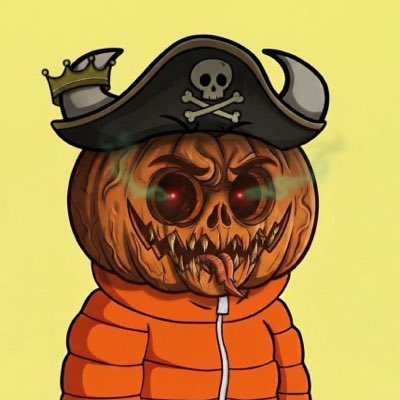 A cartoon illustration of a menacing jack-o'-lantern with glowing red eyes and a tongue, wearing a black pirate hat with a skull and crossbones and an orange puffer jacket.