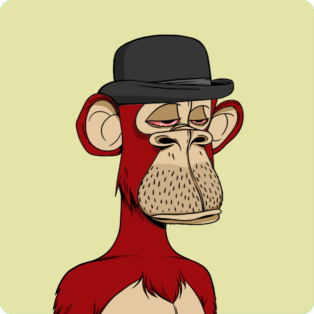 Digital illustration of a cartoonish red-furred ape or monkey wearing a black bowler hat against a pale yellow background.