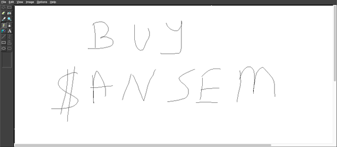A digital drawing application interface with handwritten text reading 'BUY $ANSEM' on a white canvas.
