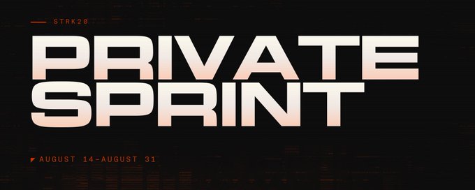 Dark promotional graphic with metallic pink/peach lettering reading 'PRIVATE SPRINT' tagged 'STRK20', with dates 'AUGUST 14 - AUGUST 31' at the bottom.