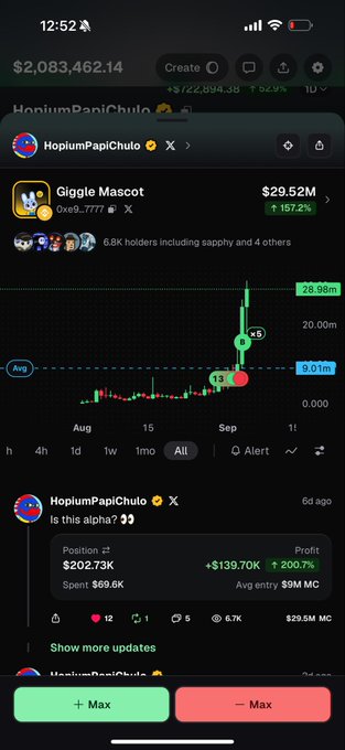 The image shows a mobile screenshot of a crypto trading app displaying the token "HopiumPapiChuto" with a market cap of $29.6M and the $MAX ticker visible on the chart, along with a bullish position showing +$139.70K profit (+200.7%). This visually supports the post's bullish sentiment that $MAX will be "sent to billions," as the chart shows strong upward momentum with the price breaking above the average line (9.01M) toward 28.98M.
