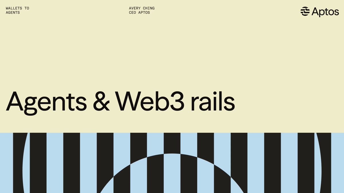 The image features a poster with blue and black stripes that displays information about an app called "Agents & Web3 Rails". The text at the top of the image states "Agents & Web3 Rails" while the bottom part provides details on what this app does, including its capabilities for conducting transactions on behalf of users. The poster is promoting a full-stack app designed to handle markets and machines with speed, composability, and scale using an agent-based architecture.