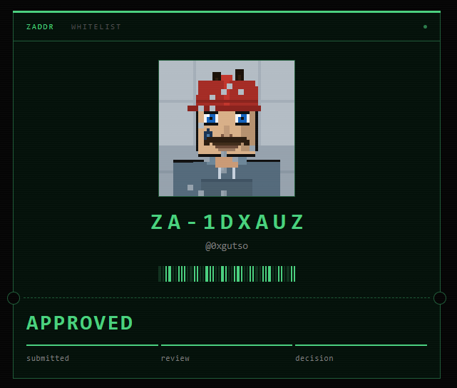 A digital whitelist approval screen with a green interface, displaying a pixel art avatar of a character with a red mushroom hat and mustache, labeled 'ZA-1DXAUZ' and marked as 'APPROVED'.