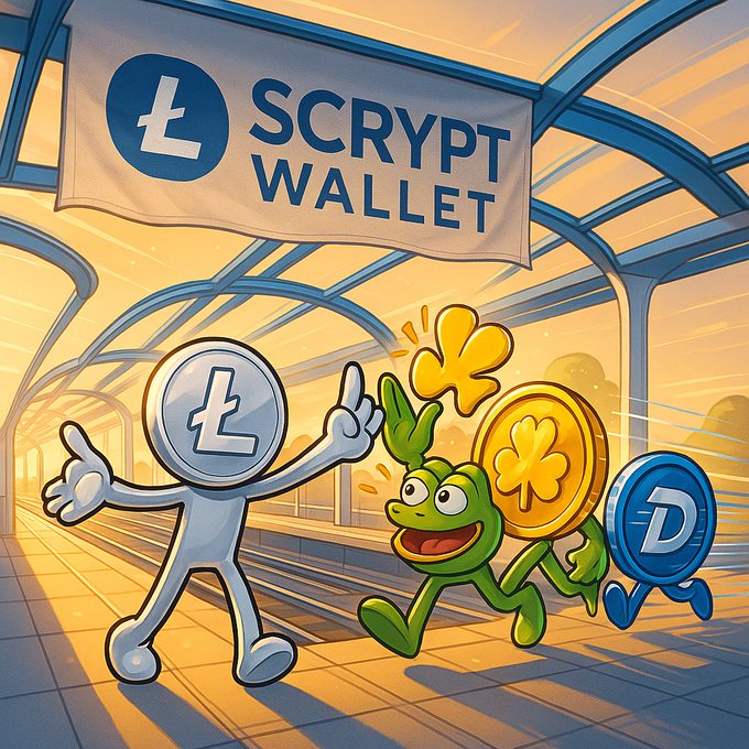 A vibrant cartoon scene under a "SCRYPT WALLET" banner features a friendly silver Litecoin coin character pointing to a cheerful green frog holding a golden coin, while a blue DigiByte coin runs alongside them down a sunlit platform. The animated imagery captures the playful, lighthearted spirit of the brand and visually reinforces the post's message about Scrypt Wallet building software first, with Litecoin and other cryptocurrencies as part of its foundation.