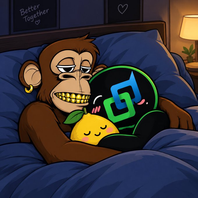 A cartoon NFT-style artwork showing a monkey character with gold teeth and a gold earring hugging a green crypto logo character and a sleeping lemon, with 'Better Together ♡' written in the background.