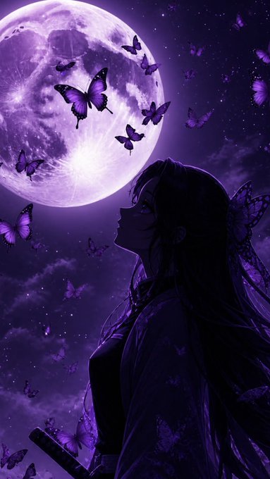 A purple-toned anime-style illustration of a woman gazing up at a large glowing moon surrounded by butterflies in a starry night sky.