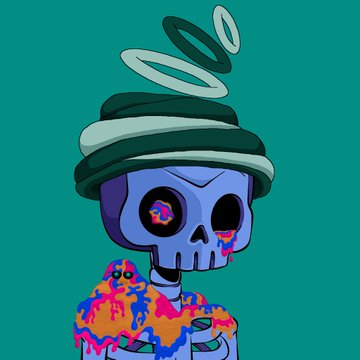 A stylized digital illustration of a purple skull with a green halo, dollar sign symbols in its eyes, and a colorful dripping substance on its shoulders against a teal background.