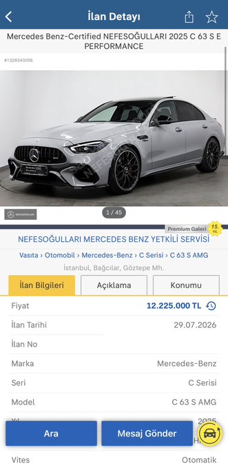 A mobile listing for a 2025 Mercedes-Benz C 63 S E Performance from "NEFESOĞULLARI MERCEDES BENZ YETKİLİ SERVİSİ" priced at 12,225,000 TL, located in Istanbul, Bağcılar.