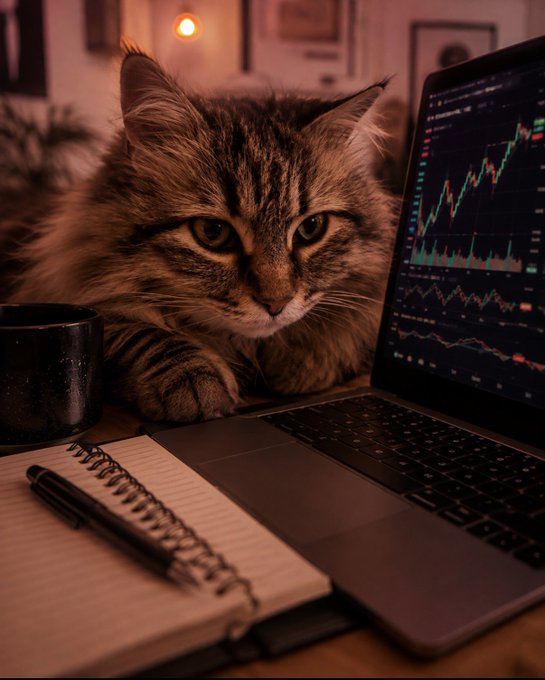 A fluffy tabby cat sits by a laptop displaying a financial chart, next to a coffee mug and notebook.