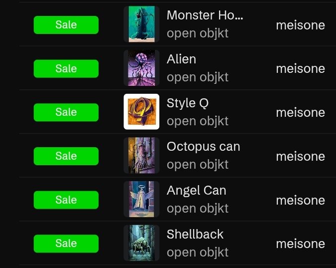A screenshot of a digital marketplace listing six items for sale by the seller 'meisone,' including 'Monster Ho...' and 'Alien,' with bright green 'Sale' tags next to each item.