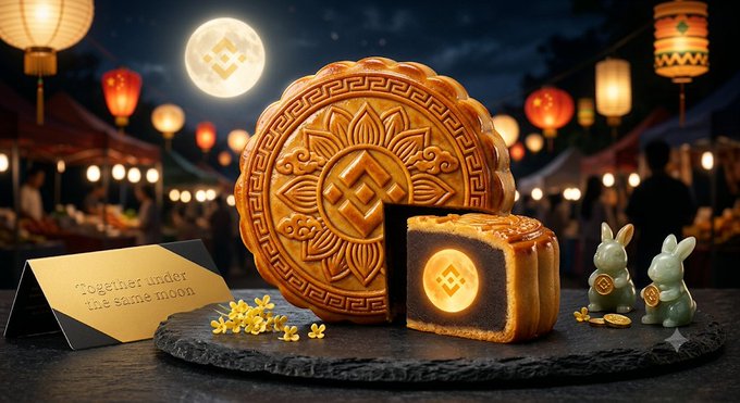 An ornate, intricately patterned mooncake with one slice cut out is displayed on a slate platter alongside small jade rabbit figurines and a card reading 'Together under the same moon' against a festive lantern-lit night background.