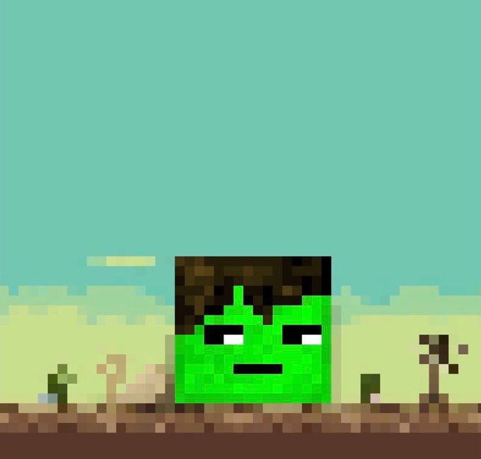 A pixel art image featuring a green square character with brown hair on a blocky landscape with a teal sky background, resembling the style of Minecraft.