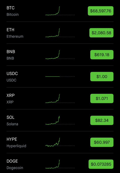 The image displays a cryptocurrency price tracker showing tickers for Bitcoin ($68,597.76), Ethereum ($2,080.58), BNB ($619.18), USDC ($1.00), XRP ($1.071), Solana ($82.34), Hyperliquid ($60.997), and Dogecoin ($0.073285), all with green upward-trending sparkline charts. This visual of surging prices across major and emerging crypto assets reinforces the post's message about crypto "pumping," celebrating that dedicated holders who remained through downturns are now positioned to reap rewards as their investments rise.
