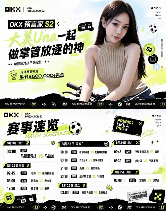Promotional graphic for OKX Predictor S2 featuring a woman on a bicycle, Chinese text including '大美Una一起做掌管放逐的神', and a match schedule listing football fixtures from August 20-27.