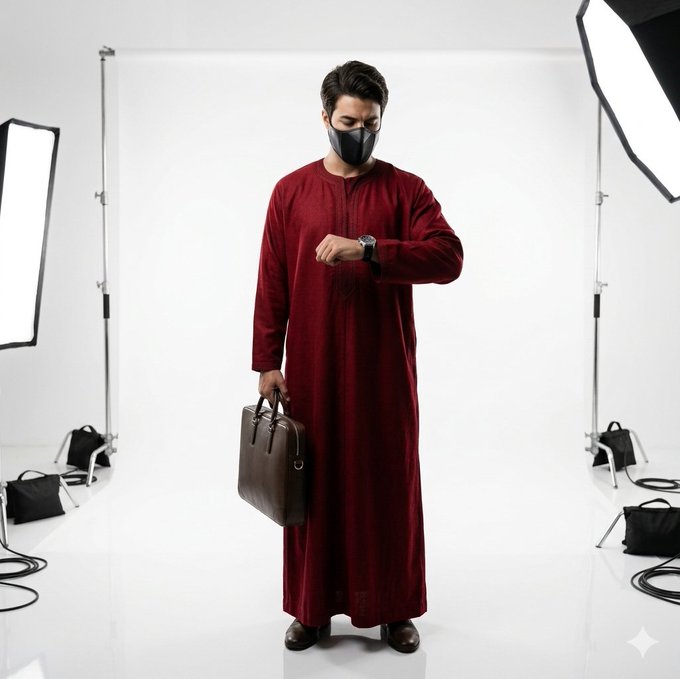 A man in a dark red traditional robe and black face mask stands in a white photography studio holding a brown briefcase and checking his wristwatch.