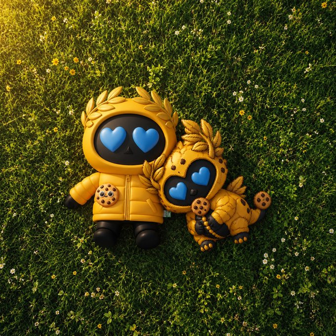 Two yellow designer toy figures with blue heart-shaped eyes, one human-shaped and one animal-shaped with leopard spots, rest on a grassy lawn.