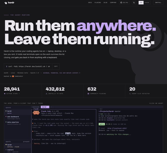 A screenshot of the herdr.dev homepage promoting their agent runtime service with the tagline "Run them anywhere. Leave them running." The page displays installation statistics (28,941 GitHub stars, 432,812 installs, 632 community plugins, 20 agent DLE detectors) and shows a terminal interface demo of a Claude Code agent running on the platform.