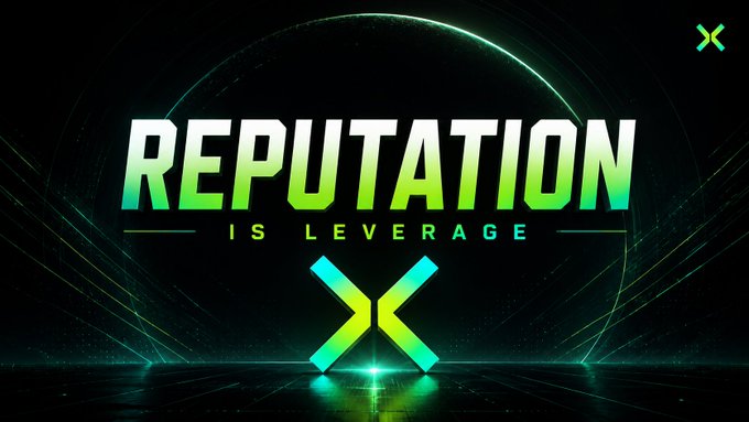 A graphic displaying the text 'REPUTATION IS LEVERAGE' with an 'X' symbol, using bright neon green and blue text on a dark background with light effects.