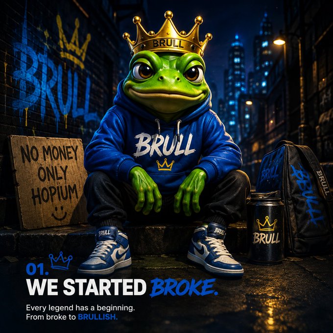 A digital artwork features a green frog wearing a gold crown and blue 'BRULL' hoodie, sitting on a city street next to a 'NO MONEY ONLY HOPIUM' sign and a duffel bag, with the tagline '01. WE STARTED BROKE. Every legend has a beginning. From broke to BRULLISH.'