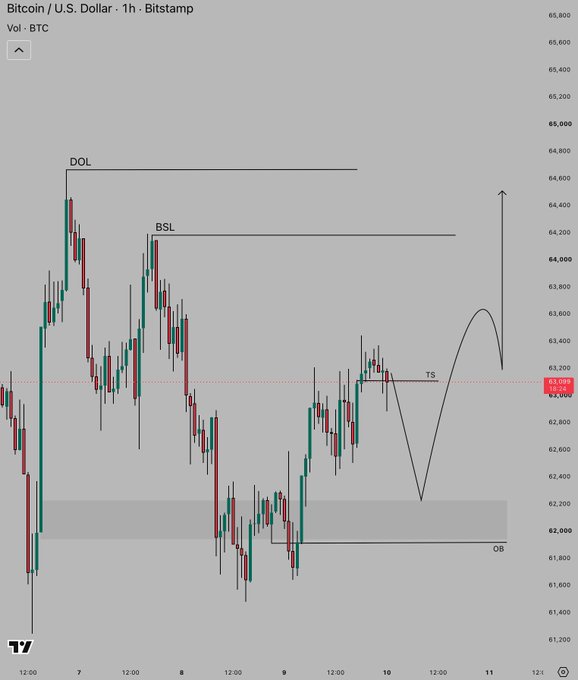 A Bitcoin/USD 1-hour Bitstamp chart on TradingView displays key price levels including DOL (~64,600), BSL (~64,200), and an order block (OB) around 62,000, with a drawn projection showing a potential dip into the OB before rallying toward the BSL/DOL zones — aligning with the "#BTC 1H Outlook…" post's bullish setup forecast.