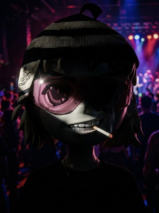 A 3D rendered character with brown hair, a black beanie, pink goggles, and diamond-encrusted grills smoking a cigarette, standing in what appears to be a crowded concert venue with purple lighting.