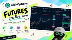 A promotional banner for 'Click Options Futures are live now' displays a trading chart interface with features like 'Low Margin', 'Up to 500x', 'Withdraw in 5 mins', and 'Built-in AI Trading'.