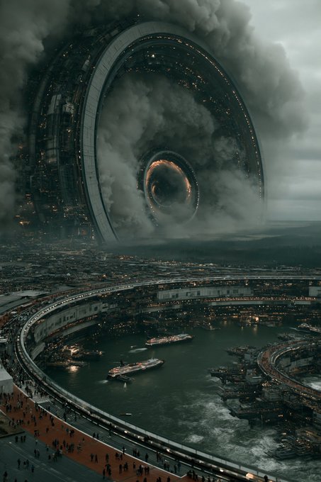 A sci-fi illustration of a massive circular structure hovering over a coastal city, emitting dark smoke and an orange glow from its center.