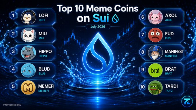 An infographic titled 'Top 10 Meme Coins on Sui' for July 2026, listing LOFI, MIU, HIPPO, BLUB, MEMEFI, AXOL, FUD, MANIFEST, BRAT, and TARDI with their respective logos around a blue Sui water drop symbol.