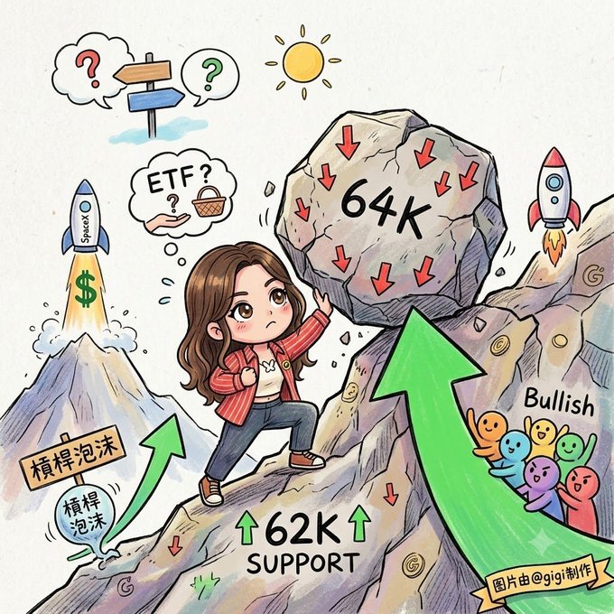 The image features a cartoon girl standing on top of a rock, holding a large boulder that has an arrow pointing towards her. The girl appears to be facing a mountain with a green arrow pointing up, indicating that she needs to climb the mountain to reach the boulder. In addition to this scene, there are several other elements in the image such as a rocket and a sign with Chinese characters on it. The post also includes text about Bitcoin and the stock market, suggesting that the girl is facing challenges related to these topics.