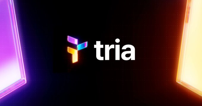 The image features a logo for a company named "Tria" with a colorful design, including a triangle and a circle. The logo is displayed against a black background, which makes it stand out prominently. The text "Tria" is written in white letters below the logo. The image also contains some text that reads "@useTria approaches this like a coordination network instead of just another protocol that's why it stands out to me intent-based execution is basically saying: 'stop making users manage delivery routes themselves'. Focus on what is in the image and how it relates to the post."