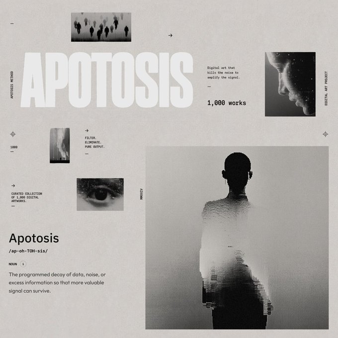 A minimalist design portfolio layout titled 'APOTOSIS' advertising '1,000 works' of digital art, with a dictionary-style definition: 'The programmed decay of data, noise, or excess information so that more valuable signal can survive.'
