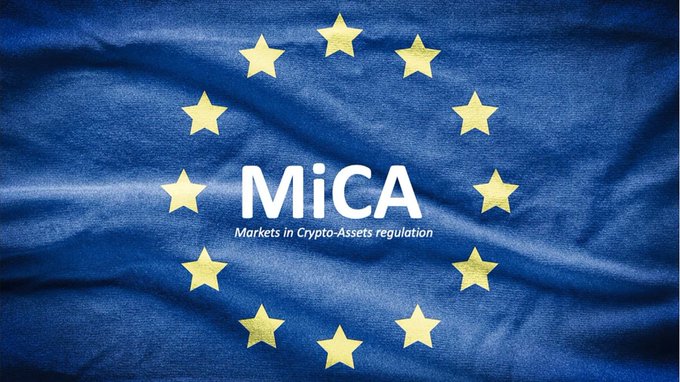 The image shows the European Union flag with twelve gold stars arranged in a circle on a blue background, overlaid with the text "MiCA - Markets in Crypto-Assets regulation" in white. The post relates to the image by explaining that under MiCA's EU-wide framework, Binance losing its license in Spain means losing access to all 27 EU member states, with no grace period or extensions past July 1.