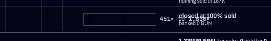 A trading interface showing a sale of 451x $RFB2 closed at 100% sold for 0.630, banked 0 BUN, with a 1.32M BUN pool for sale.