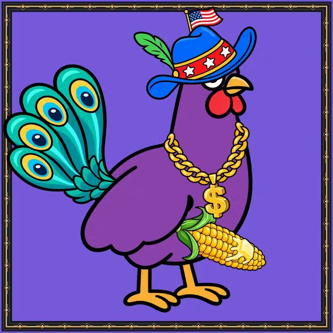 A cartoon illustration of a purple turkey wearing a patriotic American hat, a gold chain with a dollar sign pendant, and holding an ear of corn.