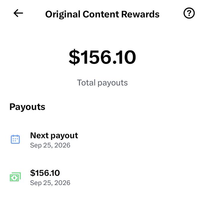 A mobile app screenshot titled 'Original Content Rewards' displaying $156.10 in total payouts, with the next payout scheduled for September 25, 2026.