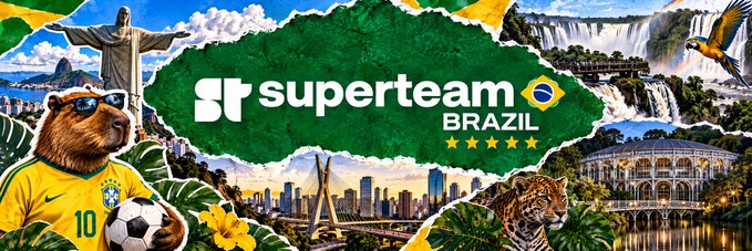 Superteam Brazil promotional banner featuring Brazilian cultural icons including Christ the Redeemer, a jaguar, a parrot, waterfalls, a soccer-playing capybara, and Rio's skyline.